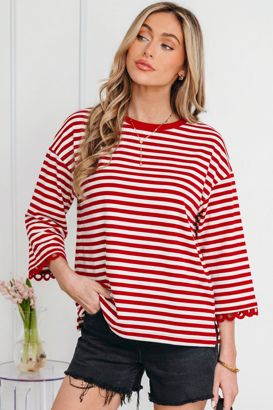 Racing Red Striped Print Drop Shoulder Lace Trim Bracelet Sleeve Loose Top