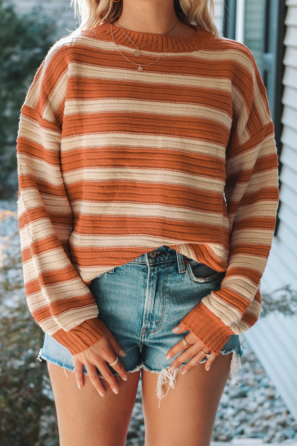 Orange Stripe Ribbed Trim Drop Shoulder Sweater