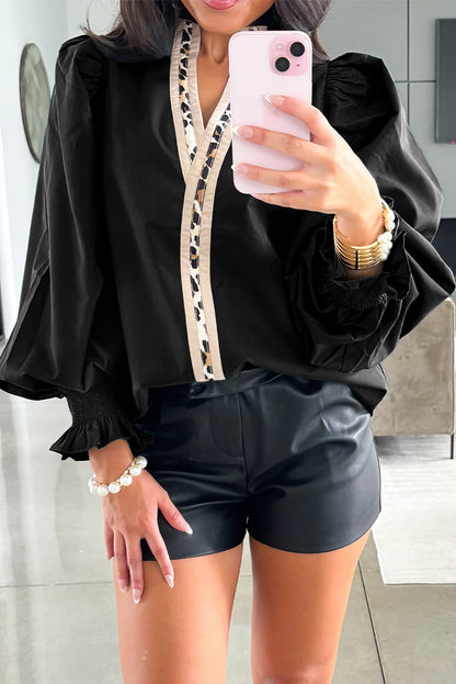 Black Puffy Flounce Sleeve Leopard Trim V Neck Blouse