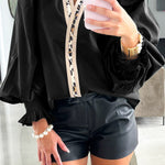 Black Puffy Flounce Sleeve Leopard Trim V Neck Blouse