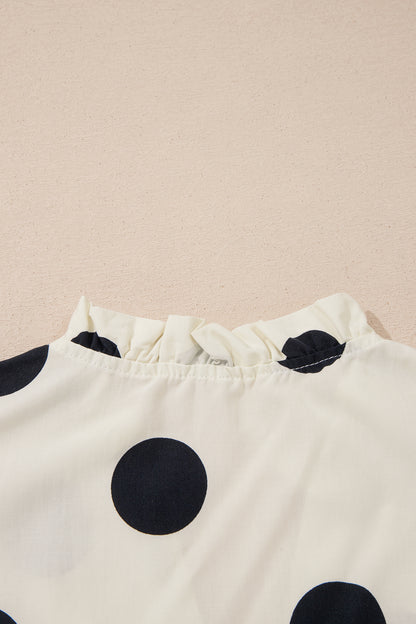 Apricot Casual Polka Dot V-Neck Ruffle Short Sleeve Shift Blouse
