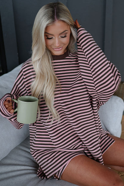 Brown Stripe Long Sleeve Oversized Top Pocketed Casual Shorts Two Piece Set