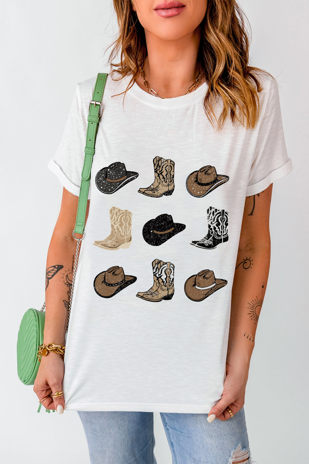 T-shirt blanc imprimé bottes de cowboy western