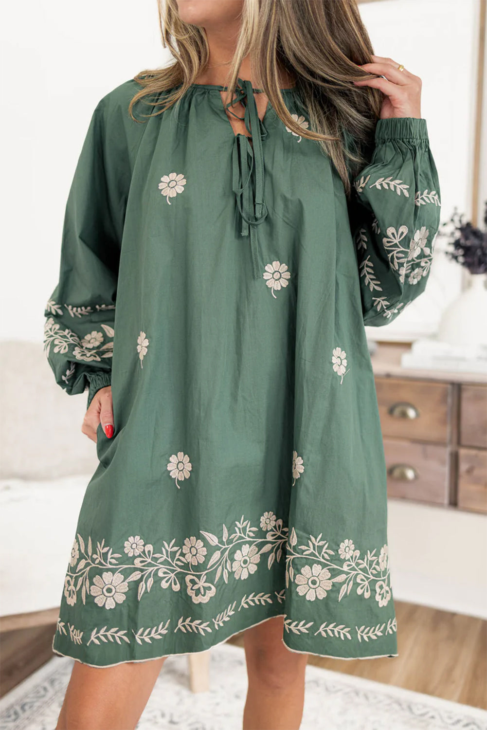 Mist Green Tie Neck Boho Floral Pattern Puff Sleeve Shift Dress Mist Green / M / 100%Polyester