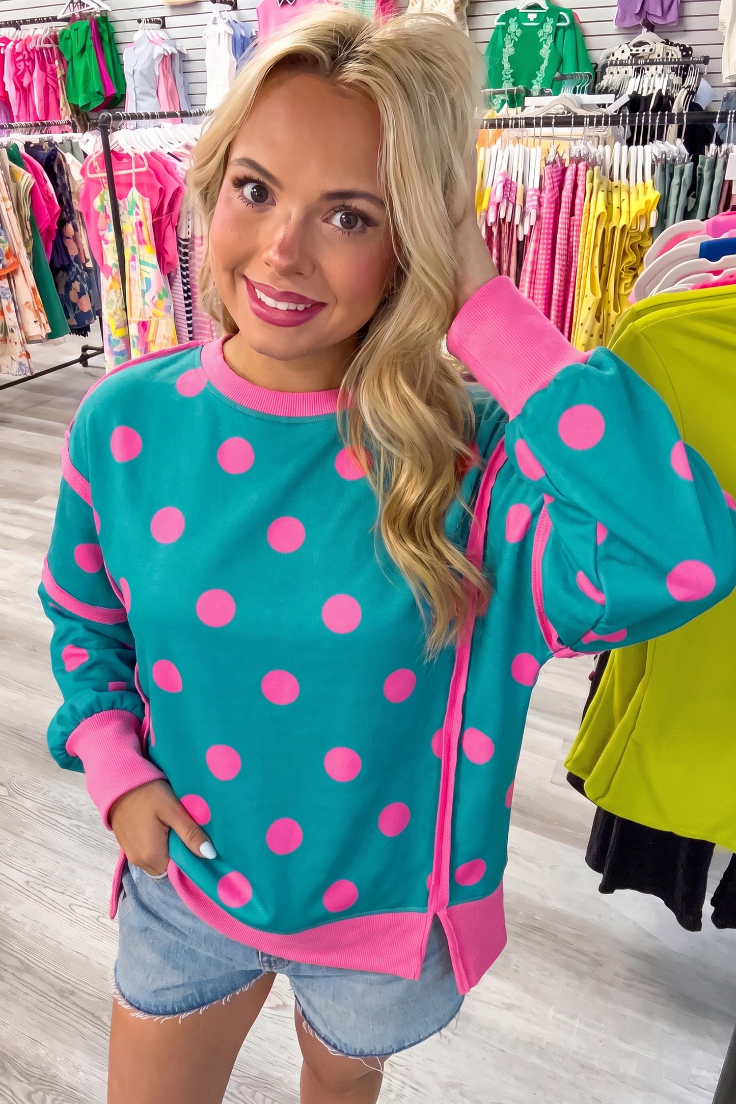 Blue Polka Dot Contrast Patchwork Round Neck Baggy Sweatshirt