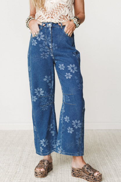 Blue Floral Print Ankle Length Casual Pocket Jeans