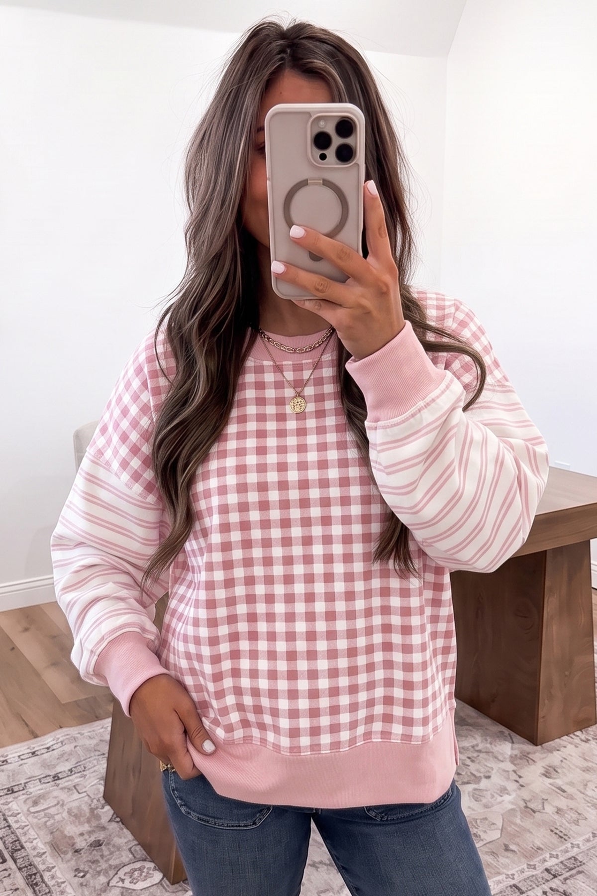 Pink Plaid Striped Patchwork Long Sleeve Casual Top