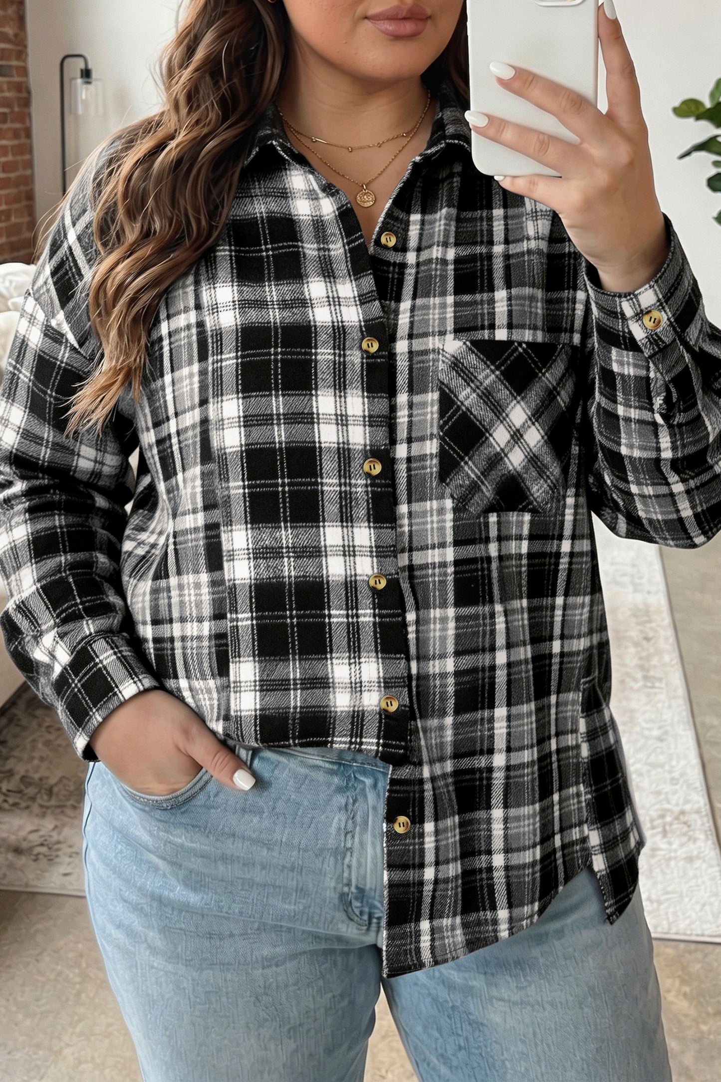 Black Plaid Long Sleeve V Neck Shift Plus Size Shirt Jacket