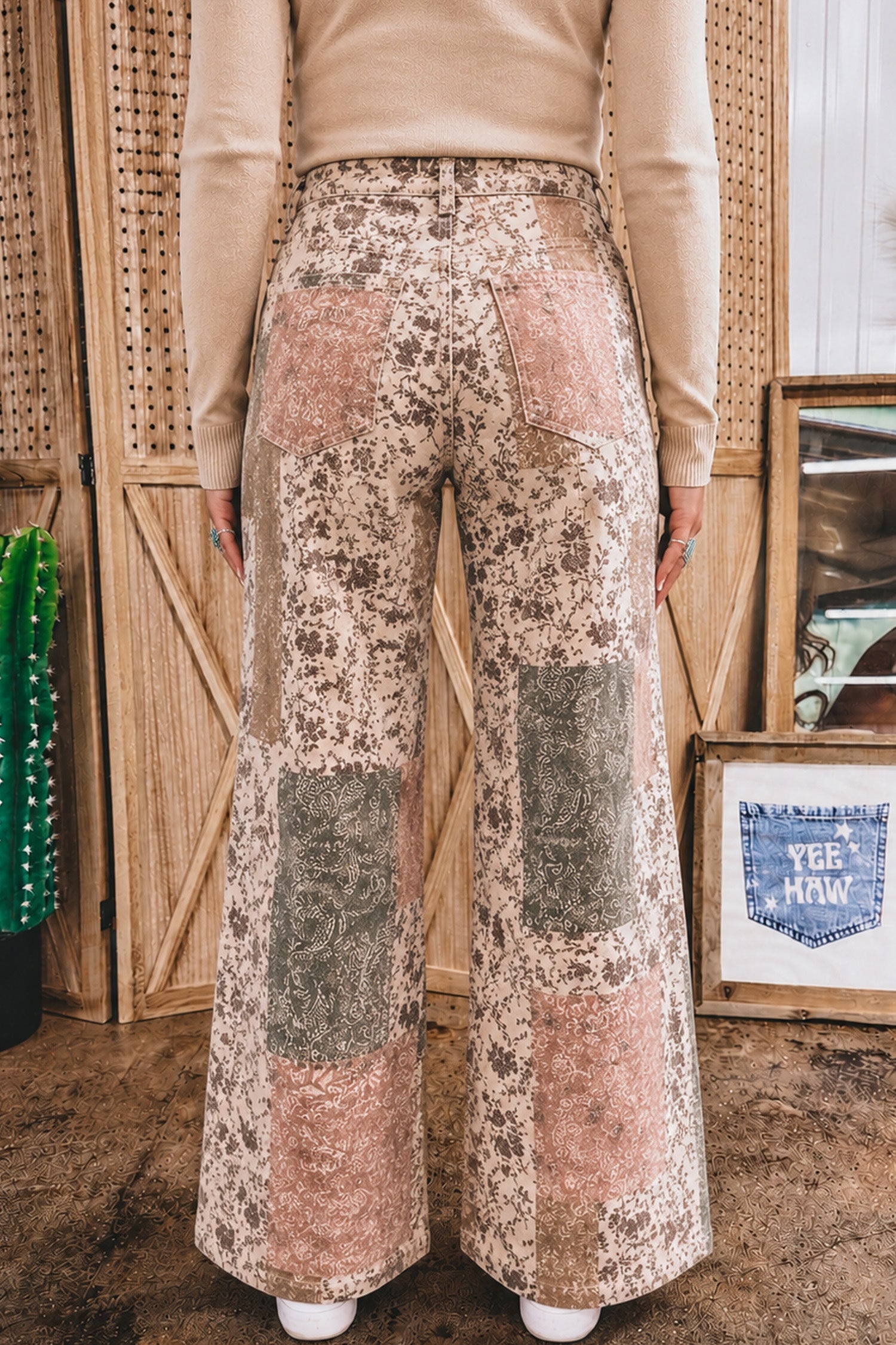 Khaki Western/ Patchwork Print Casual Shift Jeans