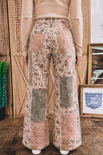 Khaki Western/ Patchwork Print Casual Shift Jeans