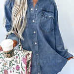 Blue Beau Chest Pocket Raw Hem Denim Loose Shirt Dress