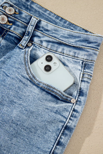 Beau Blue Acid Wash Pocket Detail Flare Jeans