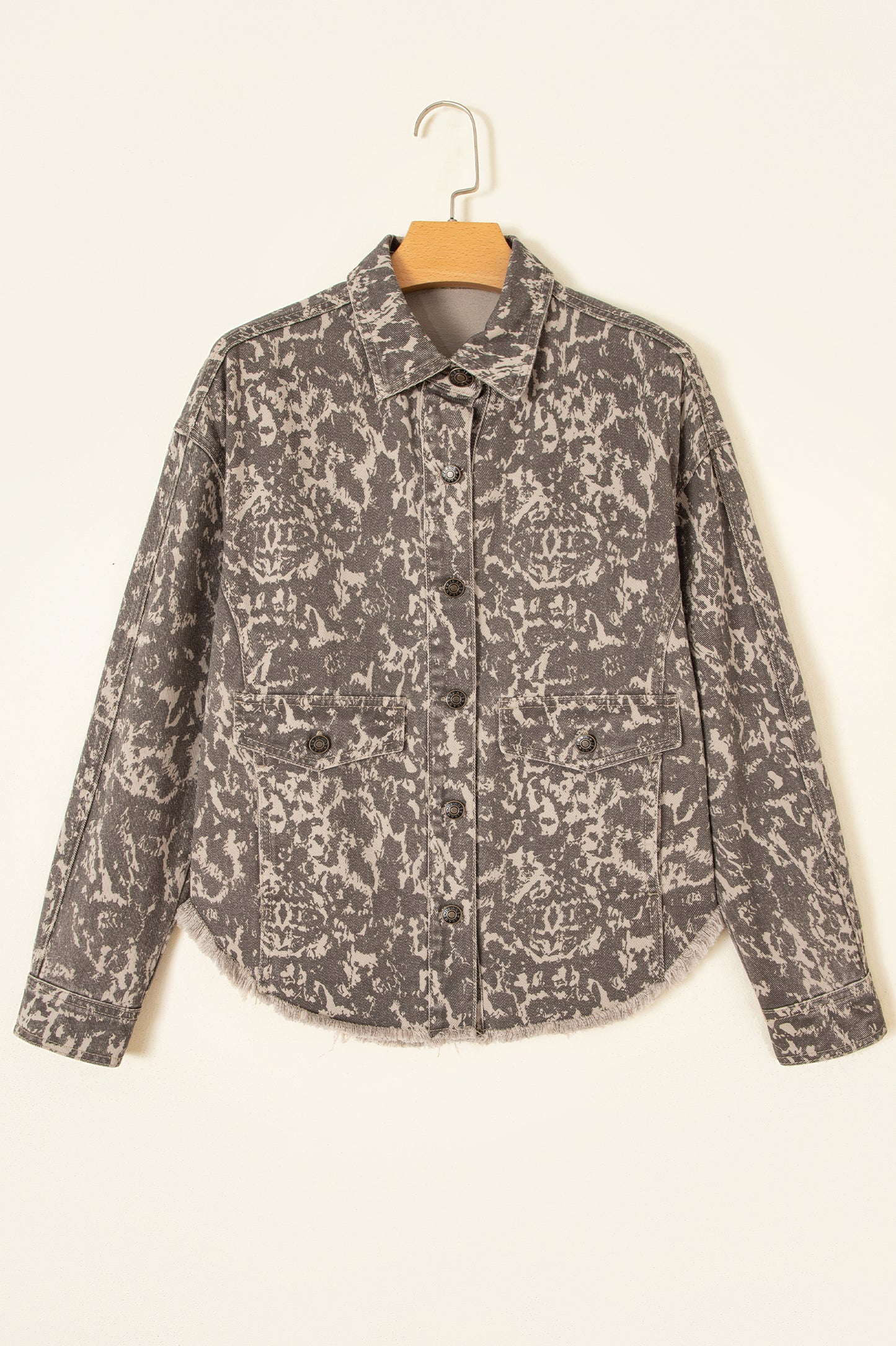 Khaki Abstract Print Long Sleeve Collar Raw Hem Denim Jacket