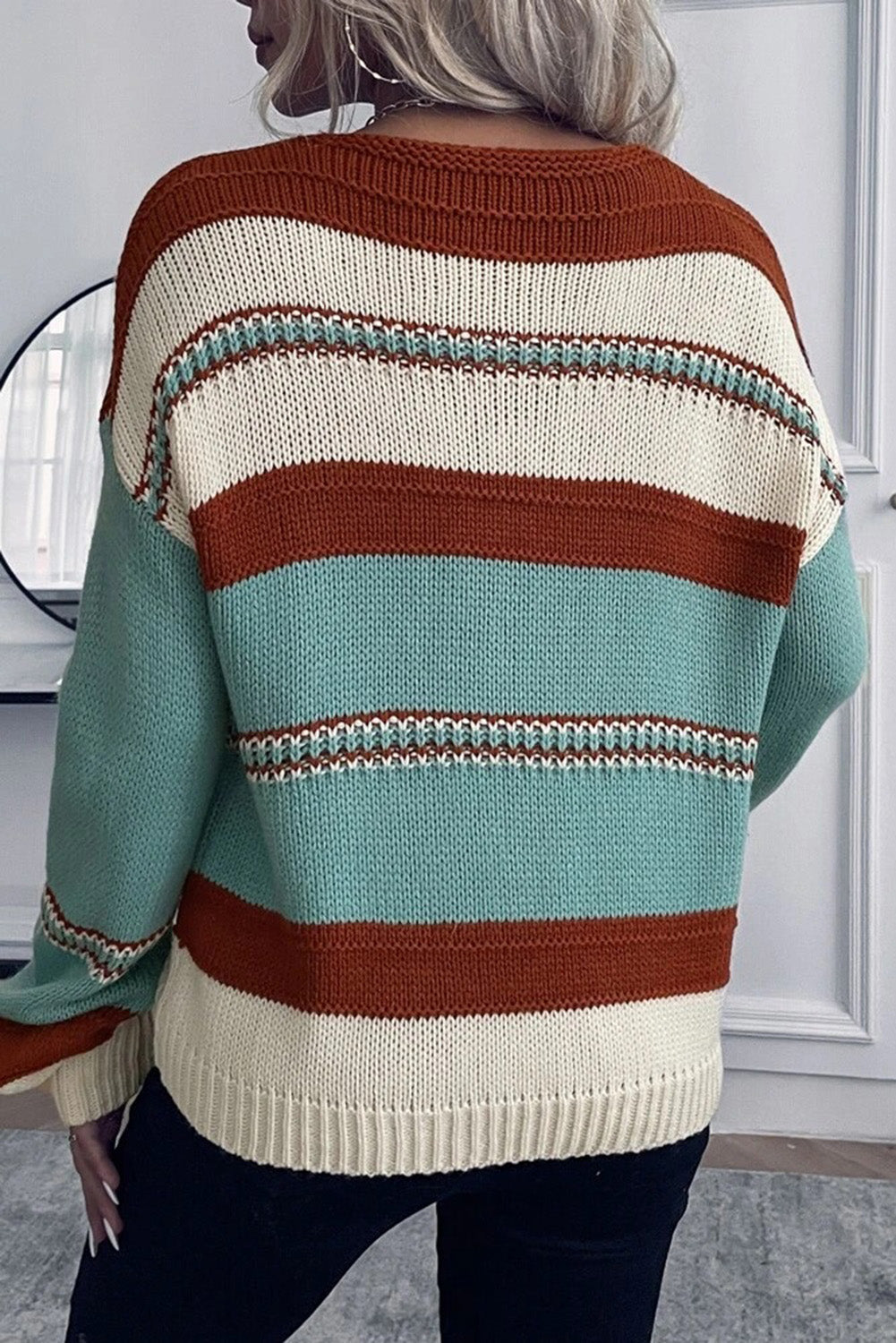Peach Blossom Striped Pattern Knit V Neck Sweater