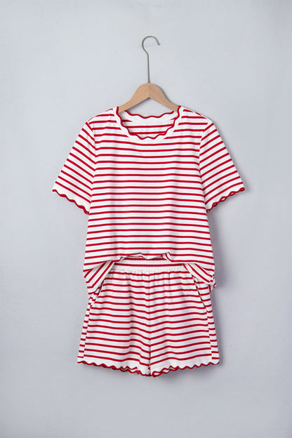 Red Stripe Scallop Trim Casual Top 2pcs Short Set