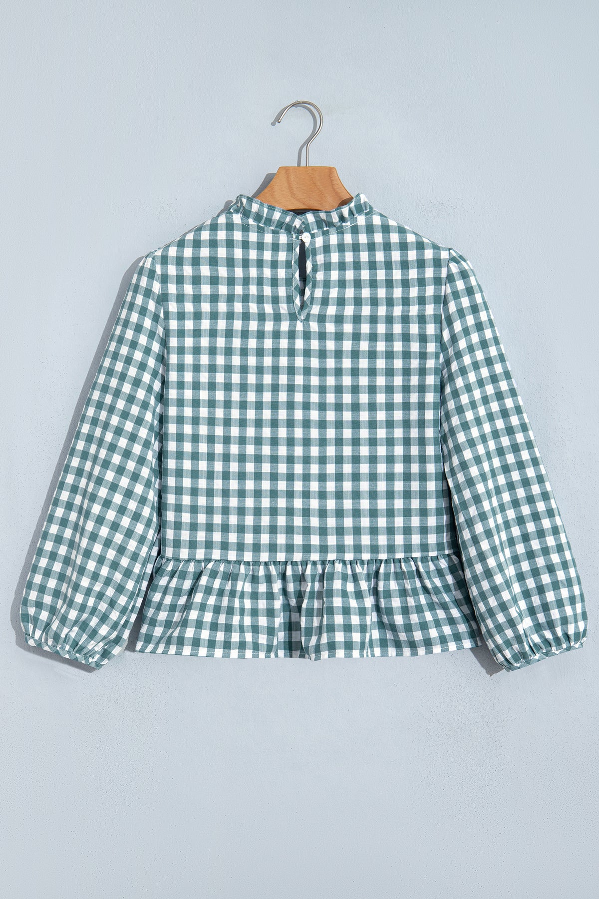 Green 3/4 Sleeve Shirred Plaid Peplum Top
