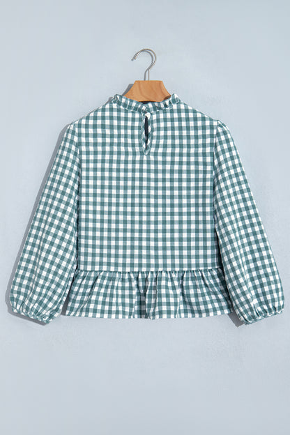 Green 3/4 Sleeve Shirred Plaid Peplum Top