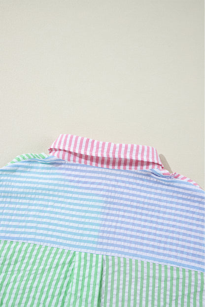 Chemise ample boutonnée à manches ballon et rayures roses