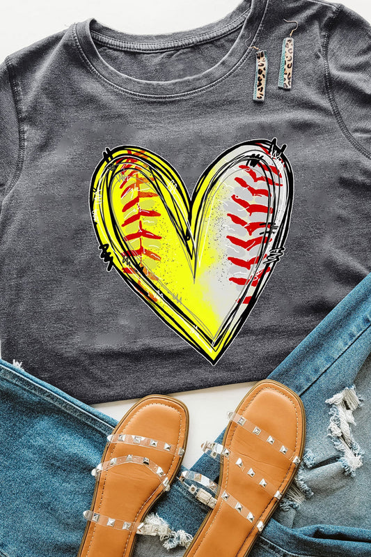 Gray Baseball Heart Shape Print Crew Neck T Shirt