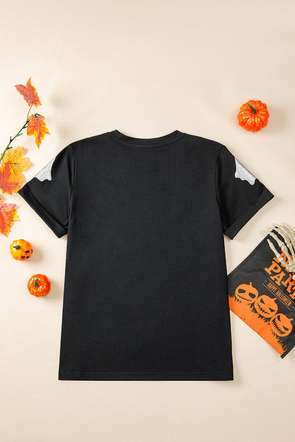 Black Glitter Ghost Pattern Crew Neck Halloween T Shirt