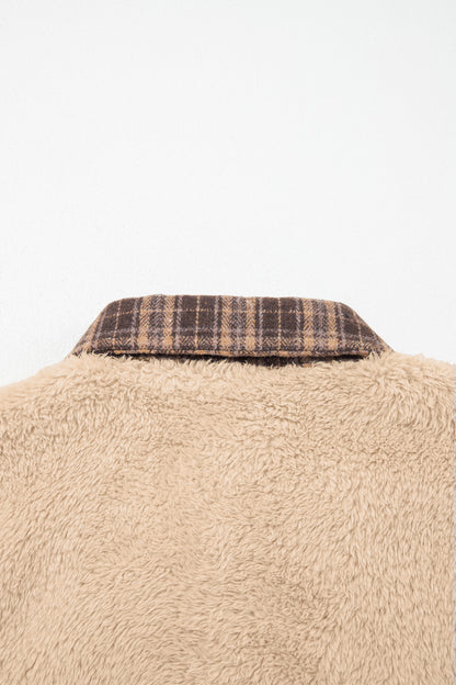 Light French Beige Plaid Collar Button Front Fleece Pullover Sweatshirt
