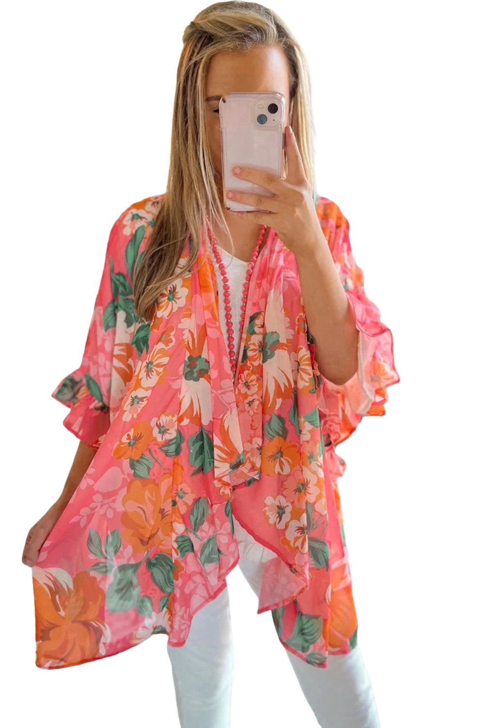 Kimono holgado con manga 3/4 y volantes con estampado floral 