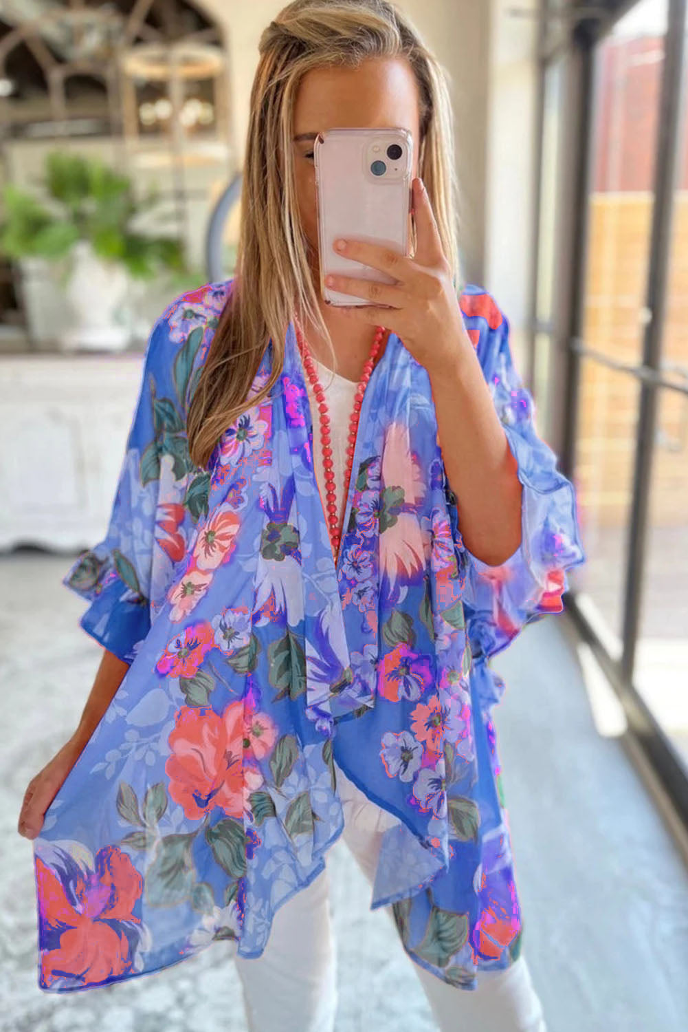 Kimono holgado con manga 3/4 y volantes con estampado floral 