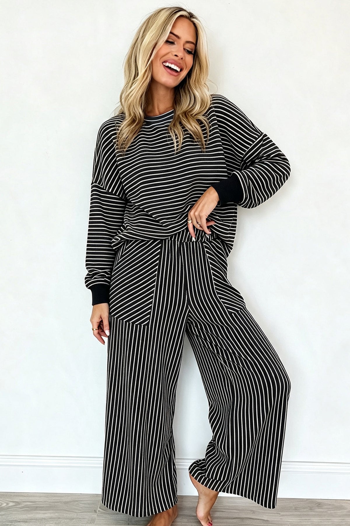 Black Stripe Drop Shoulder Relaxed Pullover Casual Pants 2pcs Set