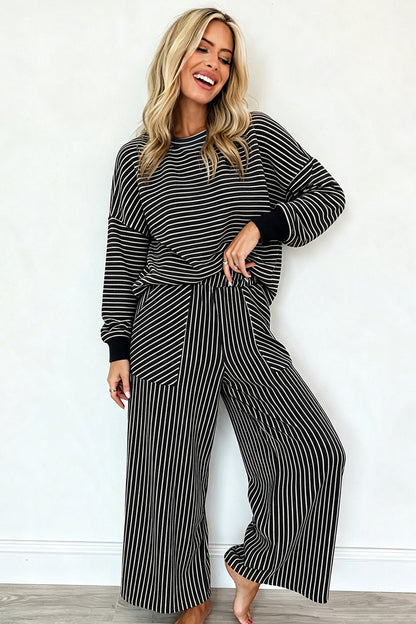 Black Stripe Drop Shoulder Relaxed Pullover Casual Pants 2pcs Set