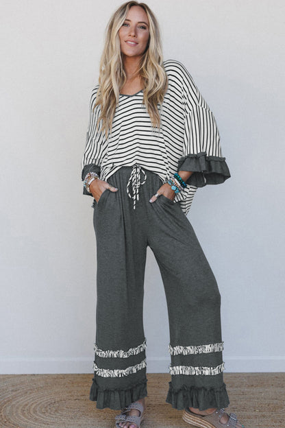Gray Stripe V Neck Ruffle Contrast Sleeve Top Drawstring Pants 2pcs Set