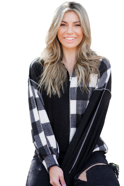 Haut à col et coutures apparentes en patchwork à carreaux noirs 