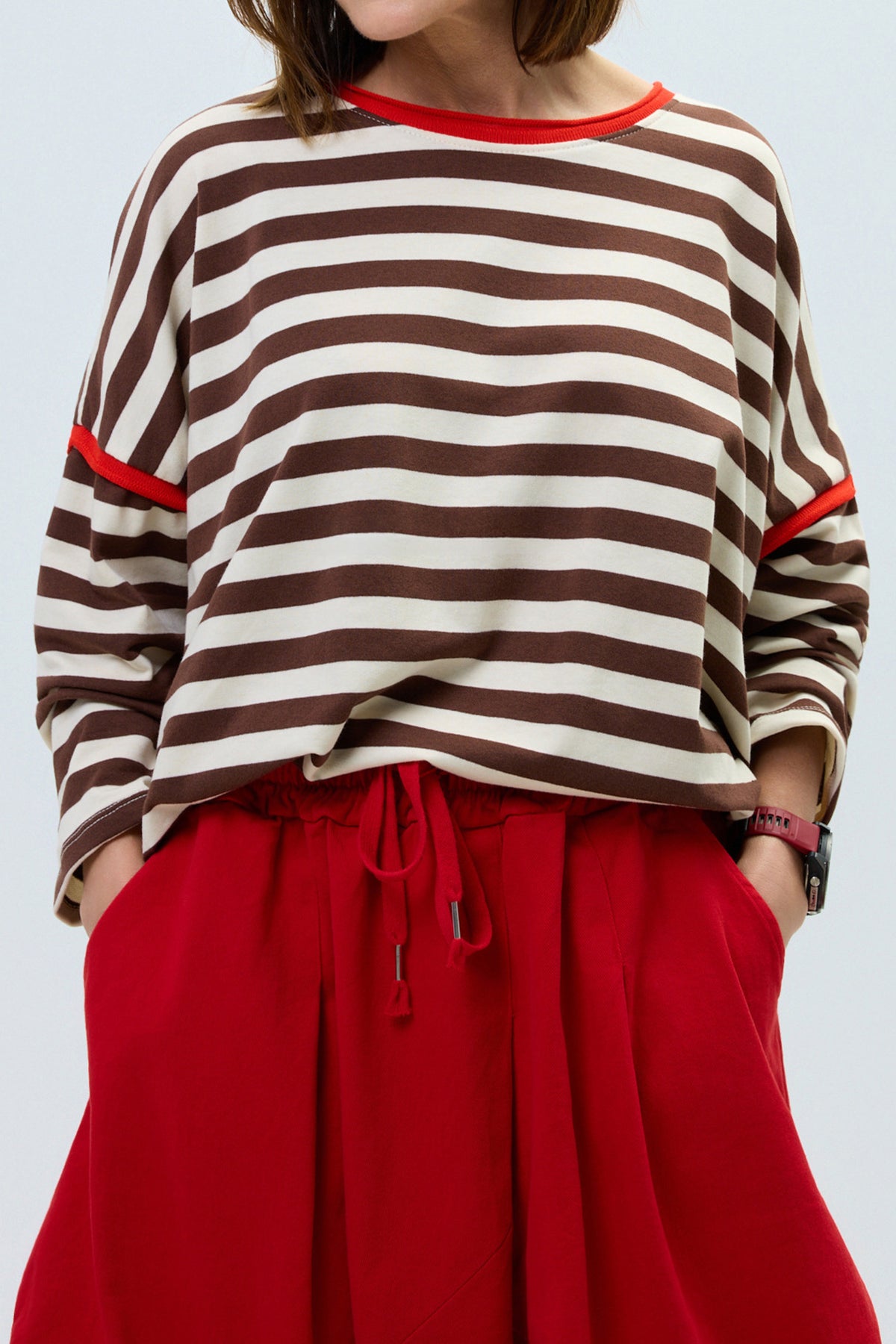 Brown Stripe Casual Long Sleeve Contrast Trim Round Neck Shift Top