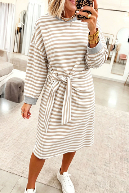Khaki Stripe Striped Colorblock Cuffs Round Neck Long Sleeve Shift Dress