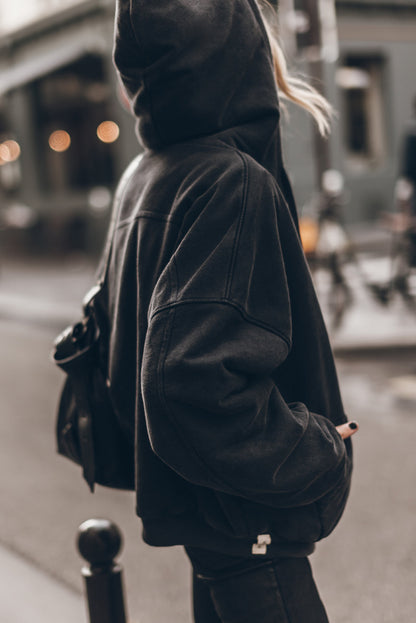 Sweat-shirt à capuche zippé Athleisure en sherpa noir 