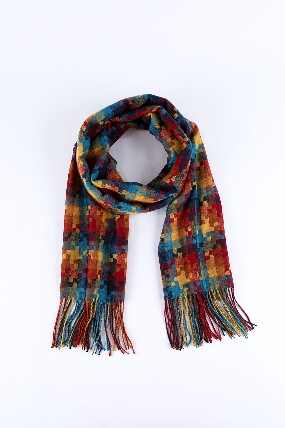 Bufanda con dobladillo con flecos y estampado de cuadros multicolor 