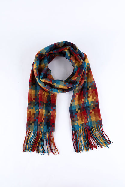 Bufanda con dobladillo con flecos y estampado de cuadros multicolor 