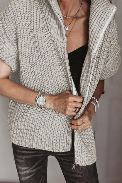 Jet Stream Solid Color Short Sleeve Zipper Knit High Neck Sweater