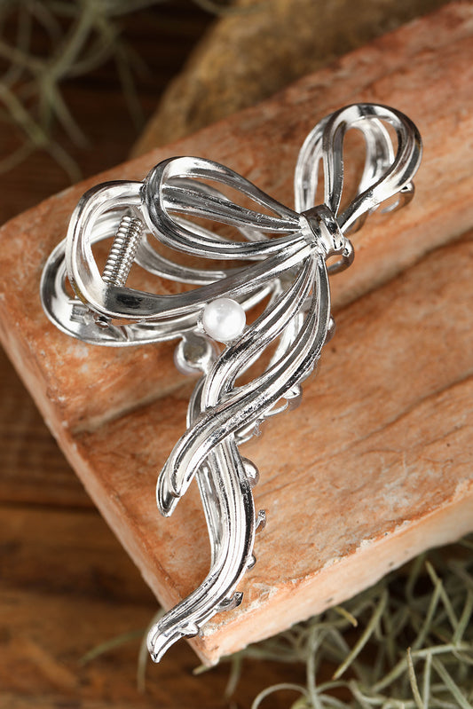 Pince à cheveux en alliage avec nœud décoratif en perles argentées