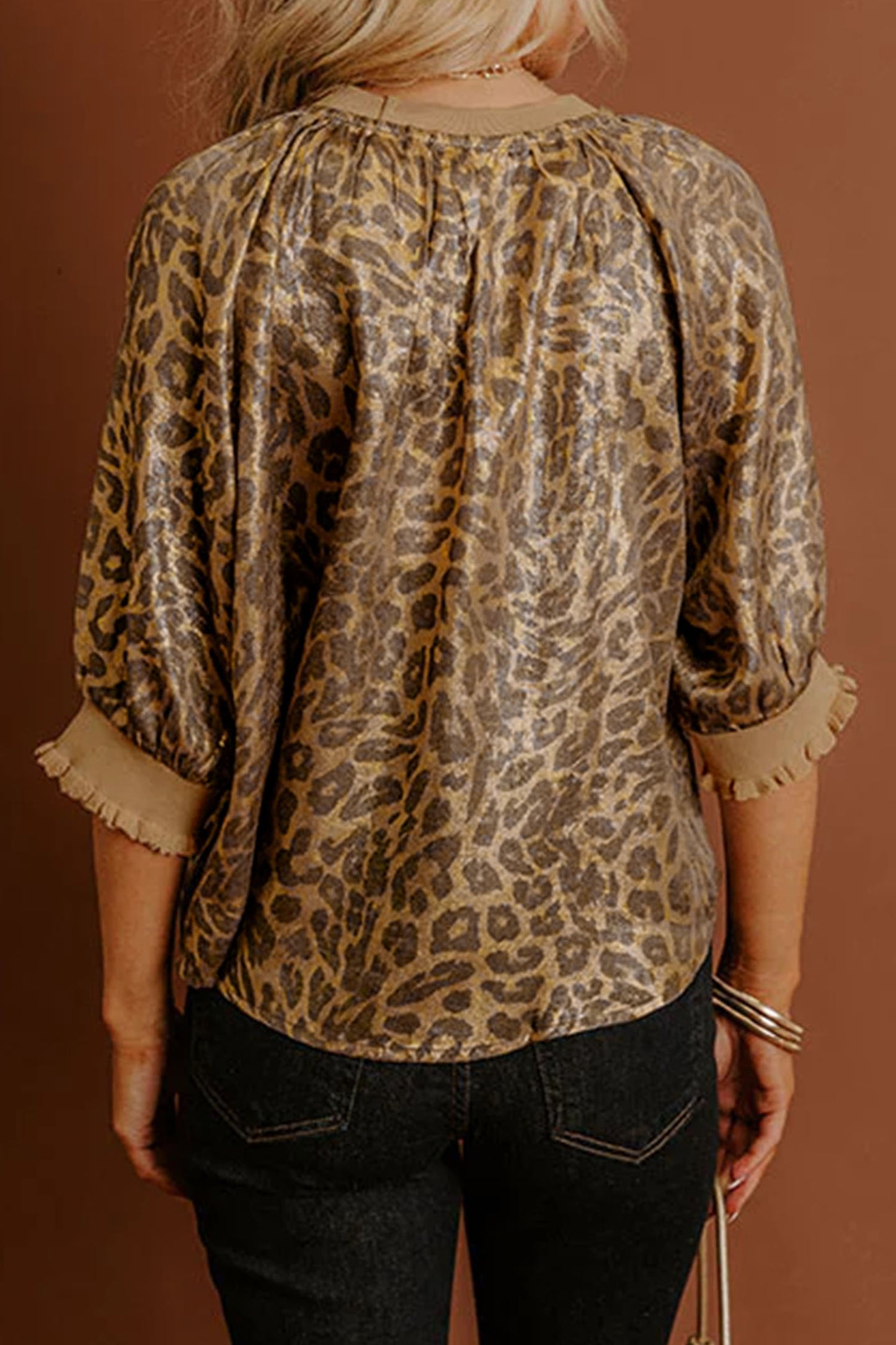 Gold Half Sleeve Metallic Leopard Print Blouse