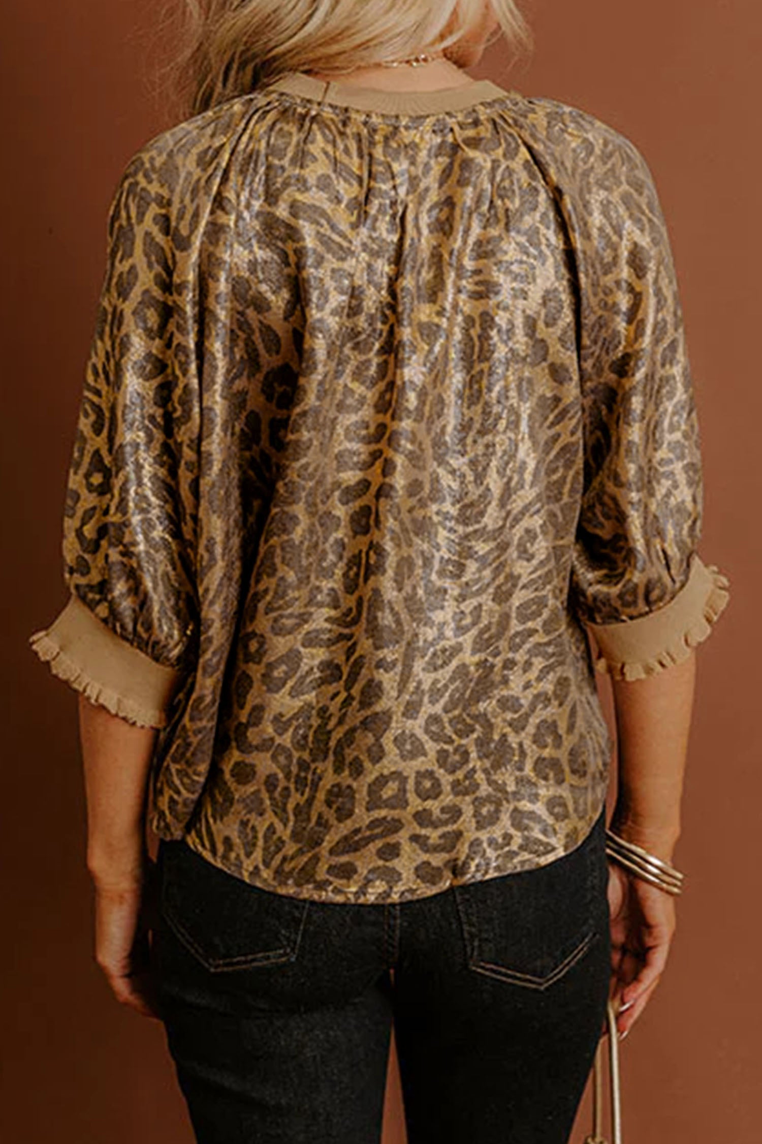 Gold Half Sleeve Metallic Leopard Print Blouse