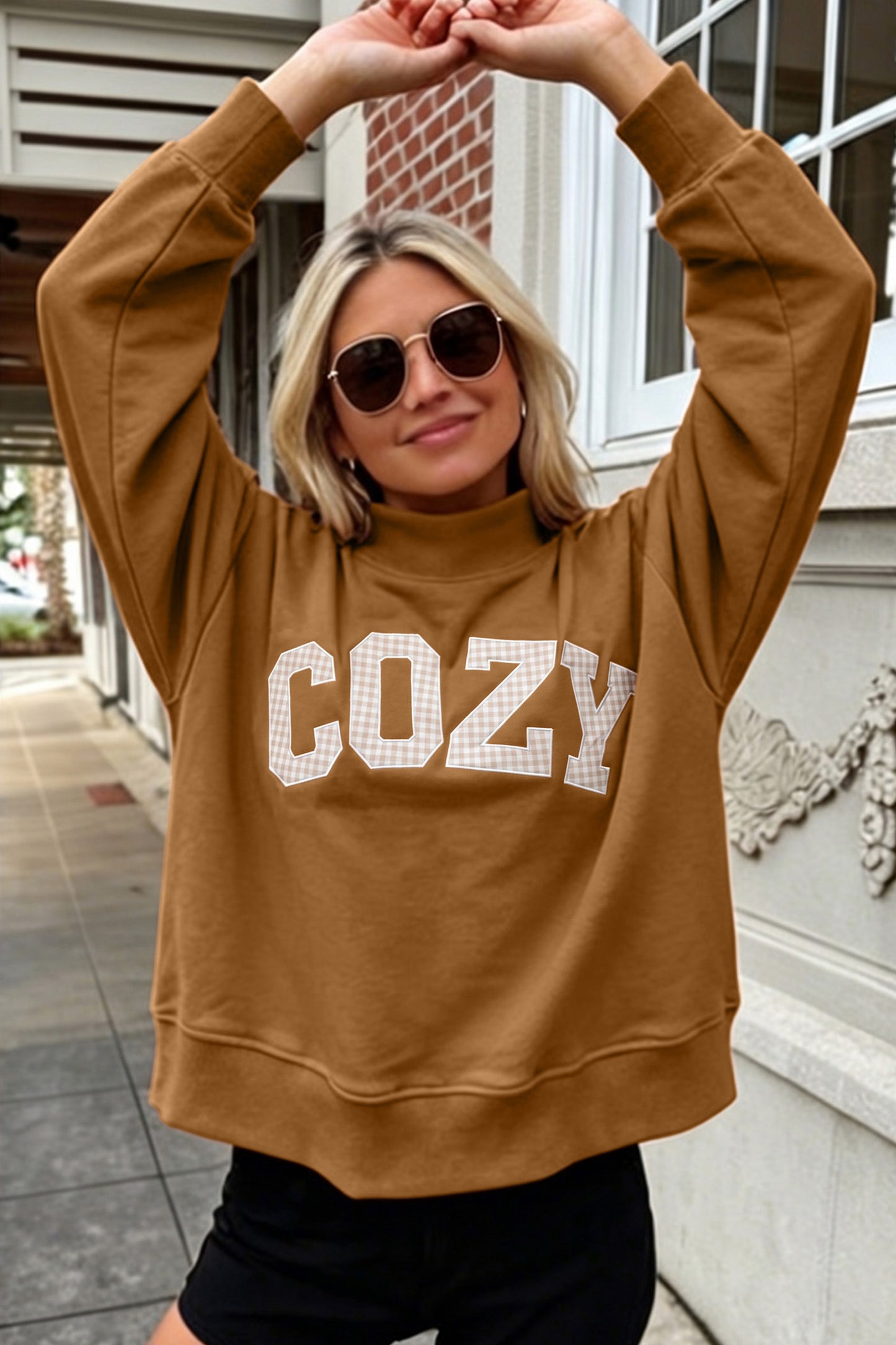 Chestnut Stay Salty Embroidered Long Sleeve Stand Neck Shift Pullover Sweatshirt
