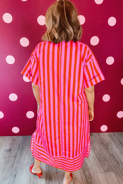 Red Stripe V Neck Cuffed Sleeve Relaxed Split Midi Dress