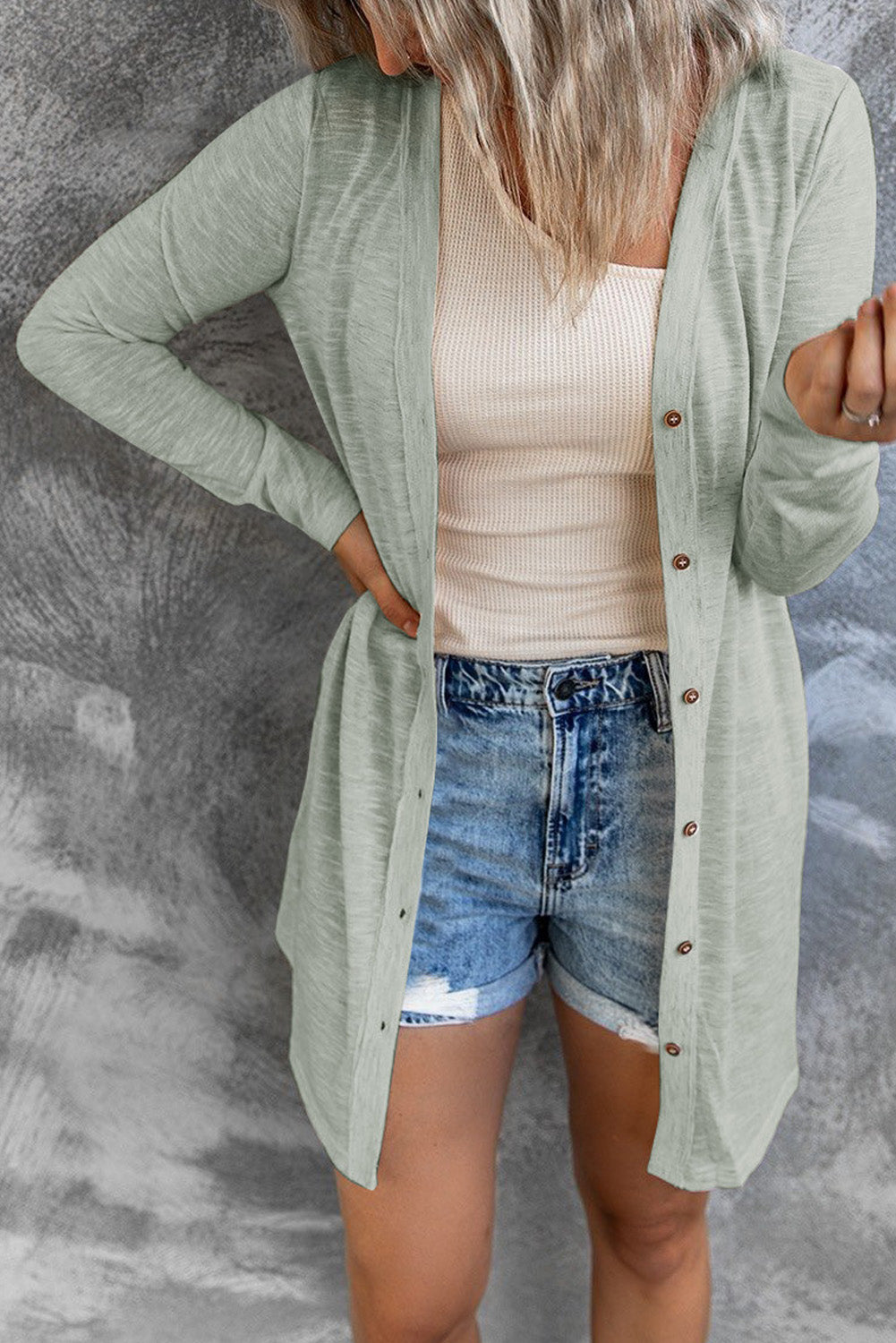 Cardigan ouvert à boutons de couleur unie beige