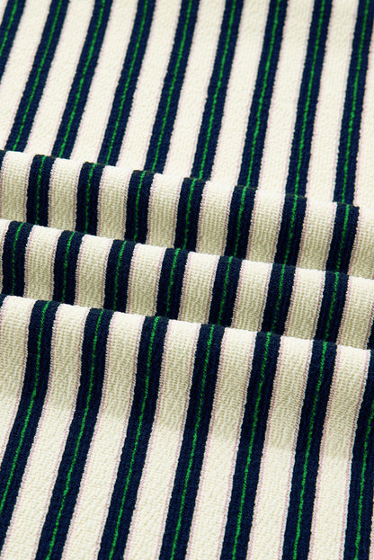 Navy Blue Striped Print Contrast Collar Zip V Neck Long Sleeve Top