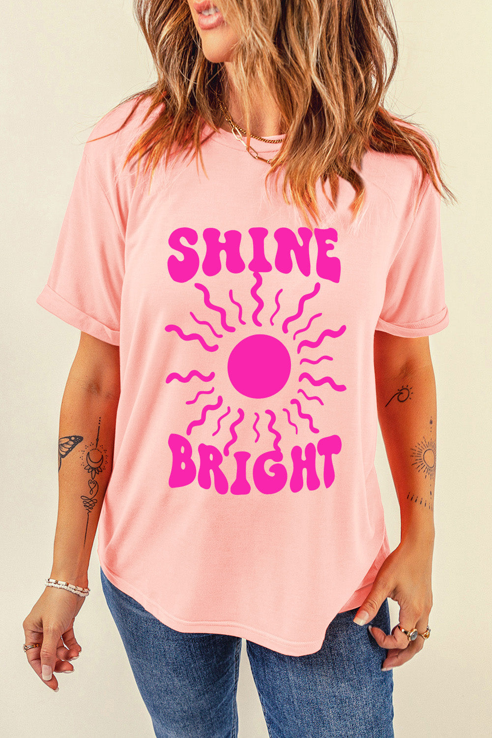 T-shirt décontracté graphique rose SHINE BRIGHT
