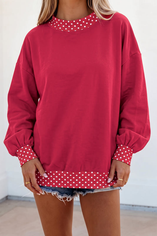 Red Dahlia Colorblock Polka Dot Contrast Trim Oversized Sweatshirt