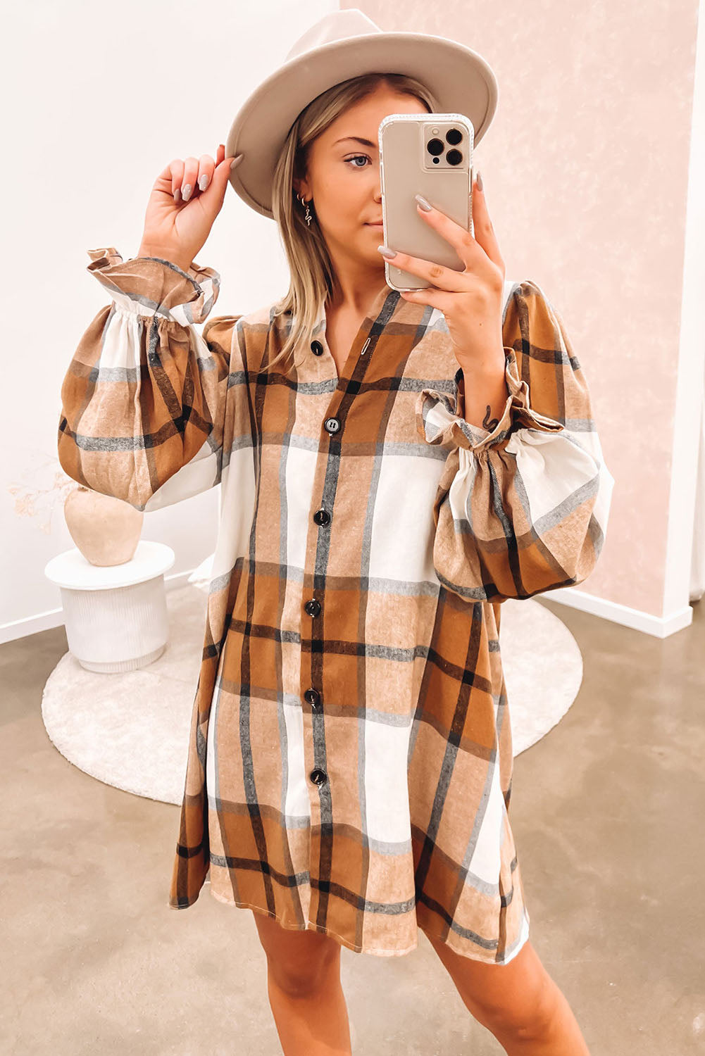 Brown Plaid Pattern Collared Neck Ruffled Sleeve Shirt Dress