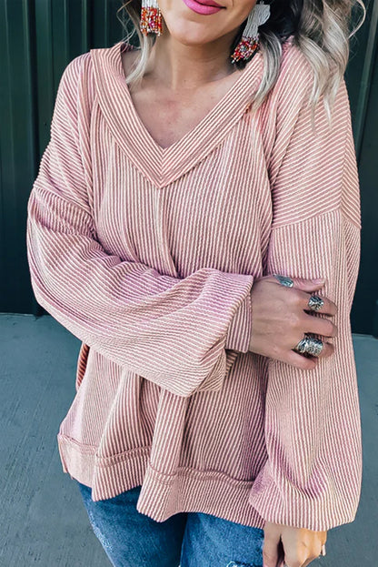 Haut ample en tricot côtelé à col en V et manches bouffantes, motif fleur de pêcher 