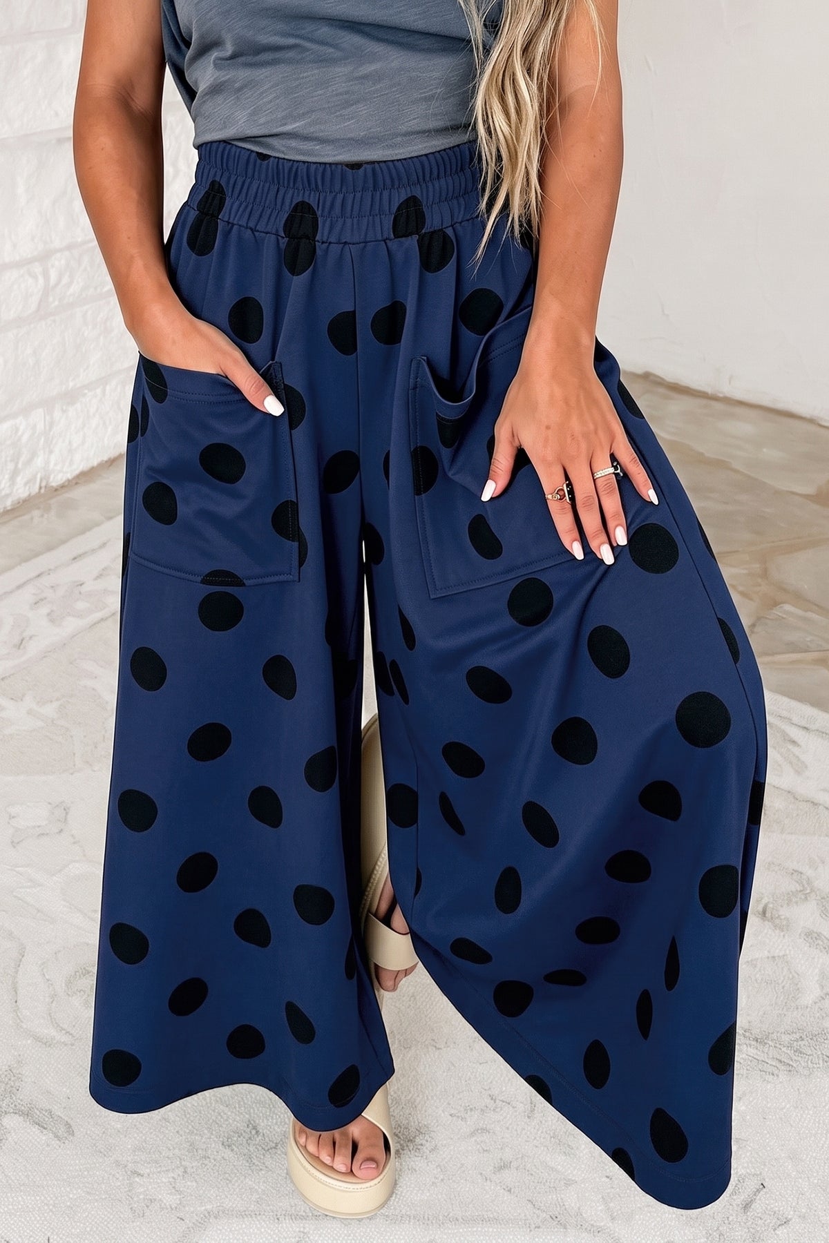 Sail Blue Polka Dot Wide Leg Elastic Waist Casual Pants