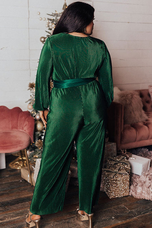Dark Green Plus Size Pleated Satin Belted V Neck Jumpsuit
